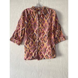 Chicos 100% Linen Button Down Shirt Size 2 Large Pink Orange Ikat Diamond Print